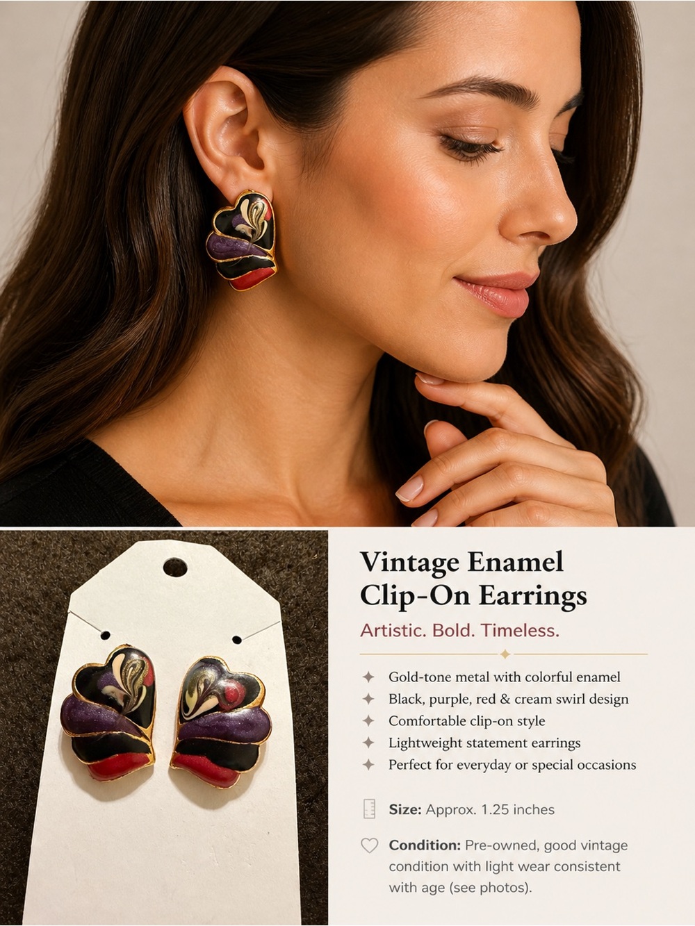 Vintage Enamel Clip-On Earrings | Abstract Swirl Design Gold Tone